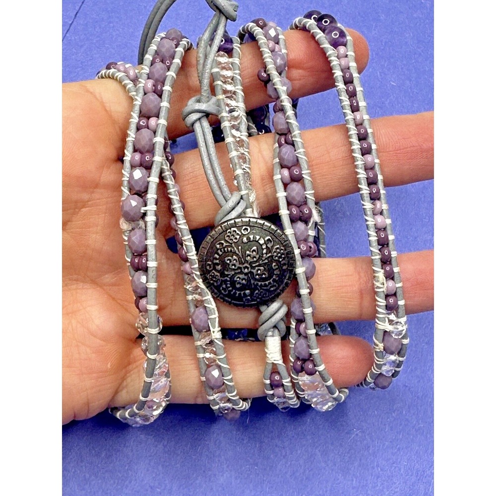 Wrap Bracelet Amethyst Crystal Gray Leather Silver Button Clasp Stunning‎